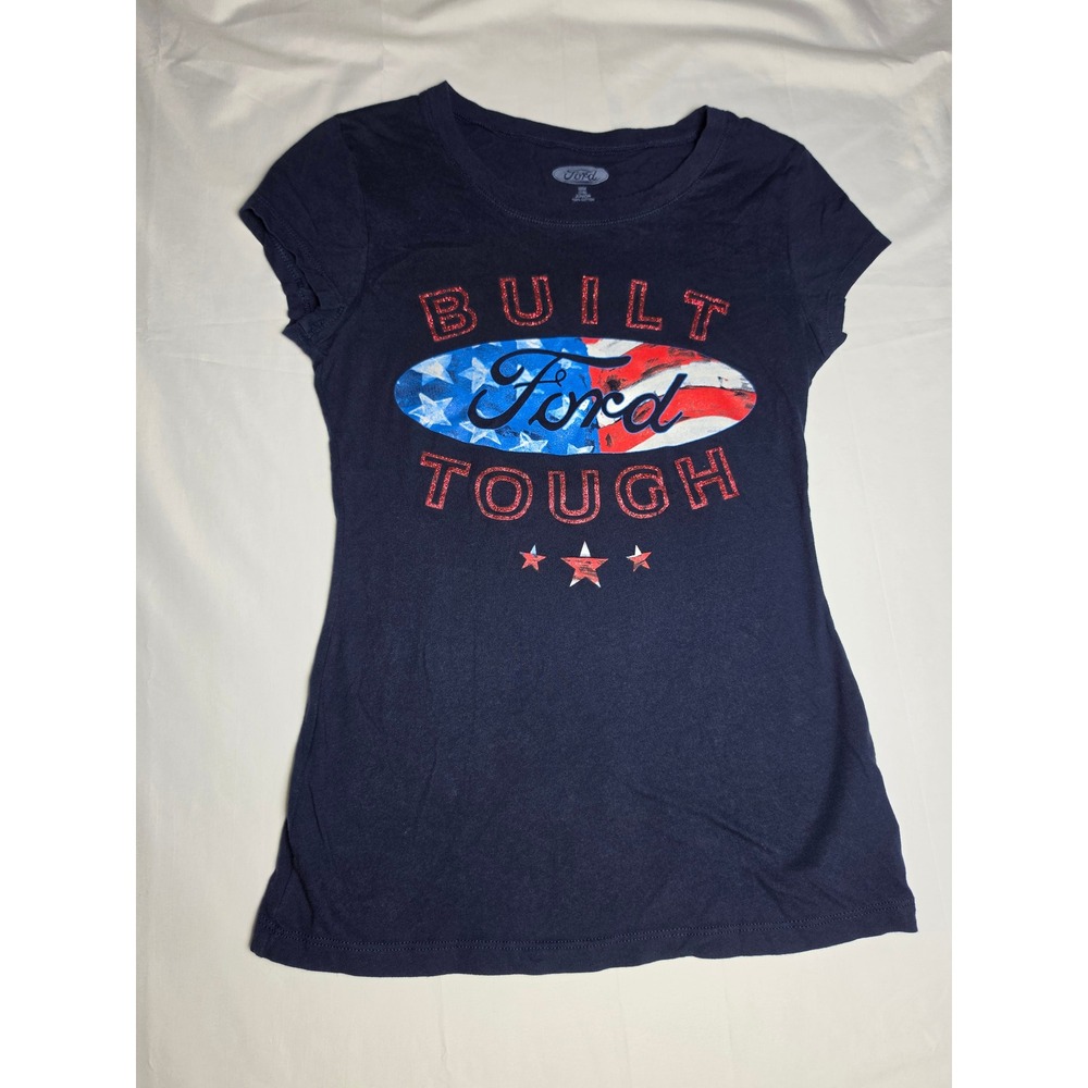 Ford Built Tough Jerry Leigh Tee Navy Blue Glitter American Flag Junior M 7/9